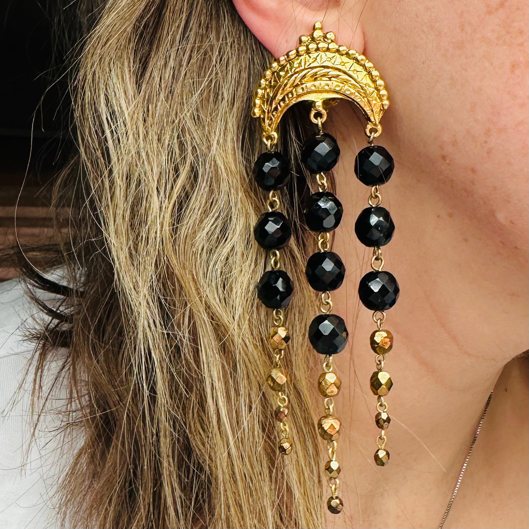 Impressive Scorpios of Paris 80’s gold-plated crescent chandelier clip on earrings